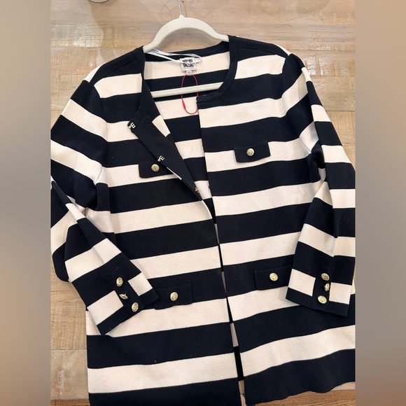 Anne Klein black white striped gold button cardgian jacket top - Picture 2 of 11